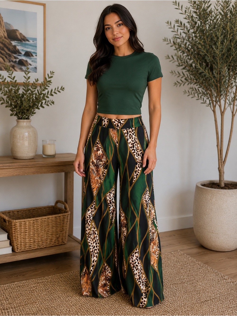 Green Animal Print Wide Leg Palazzo Pants – Size XXL